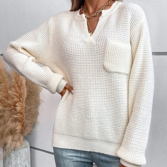 White Casual Womens Notched Neck Pocket Patched Drop Shoulder Sweat… - Picture 4 of 5